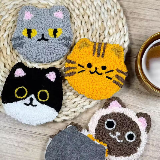 GATYZTORY DIY Punch Needle Cat Coasters Kit DIY 6pcs Animal Pattern Punch Needle Embroidery Set Coaster Handmade Art Unique Gift